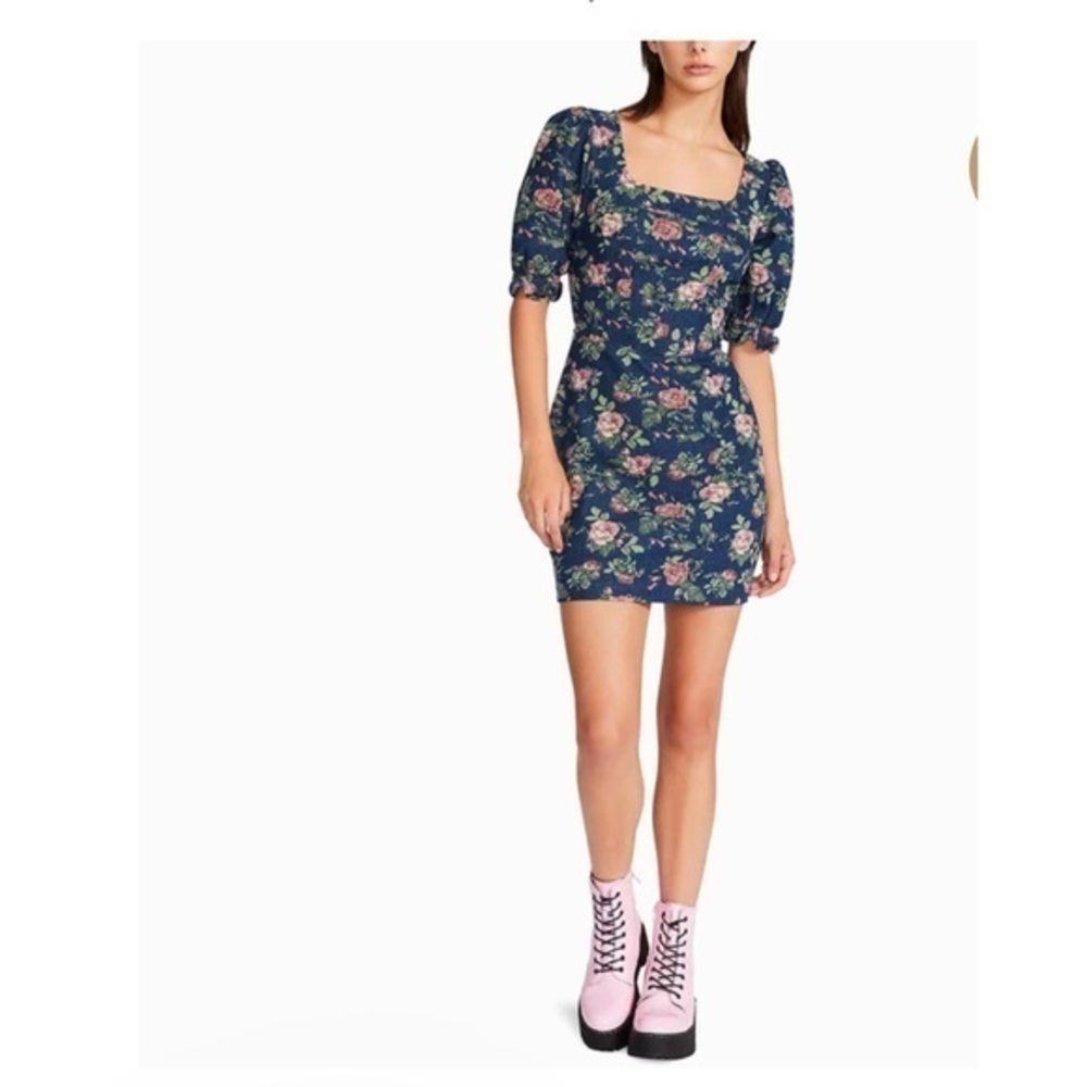 Floral Square-Neck Mini Dress - Navy